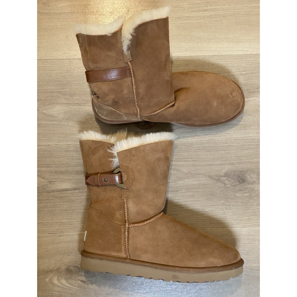 UGG Nash Suede Shearling Lined Mid-Calf Boots Chestnut Buckle Women's 11
